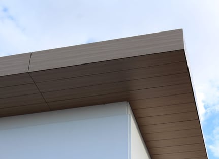 Close-up of the woodgrain phenolic soffits on the Mainstreet Shopping Center