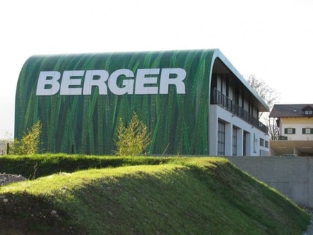 Custom branded image for the exterior of Berger offices that extended even to the roof