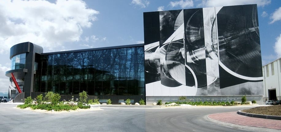 Indar Electric Company's custom digitally printed phenolic panels from Fundermax on the exterior of their office building