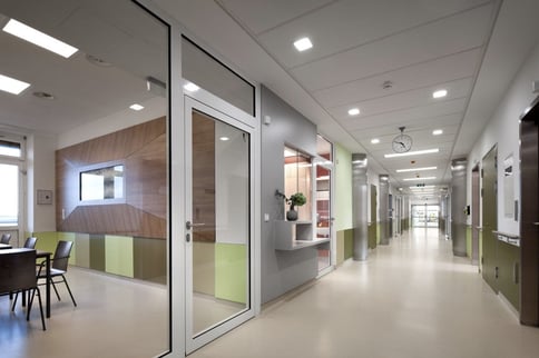 hospital wall lining with Fundermax Max Compact Interior panels.
