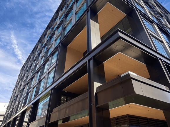 Office building in North Carolina using Fundermax's Modulo Plank System as soffits.