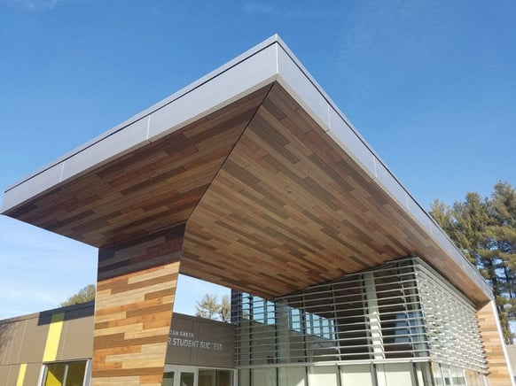 South New Hampshire University library using exterior panels and a Fundermax Modulo fastening system.