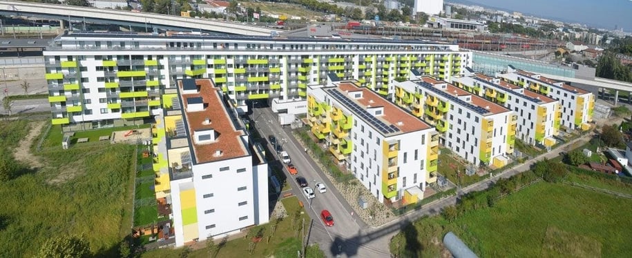 Residential utilize building in Austria Fundermax's exterior phenolic panels for their balconies.