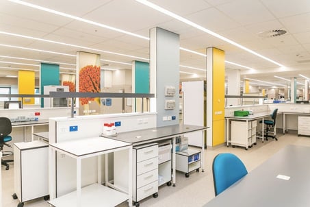 example of Fundermax's Max Compact Interior Plus phenolic panels in a lab wall lining