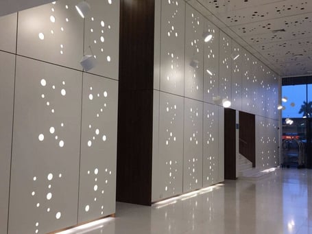 example of Fundermax's Max Compact Interior Plus phenolic panels in a hotel wall lining