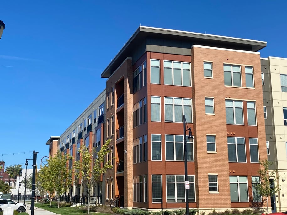 Apartment unit utilizing Fundermax phenolic panels and brick