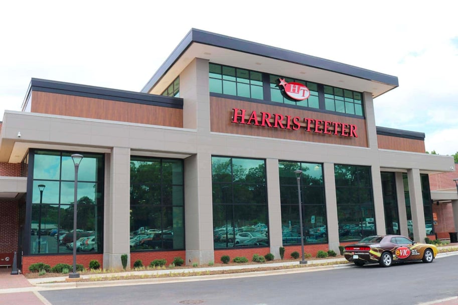 Grocery store using Fundermax phenolic panels, concrete, and glass.