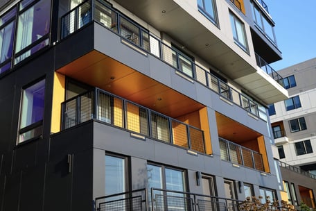 Example of exterior phenolic panels application of soffits, balconies, and wall lining