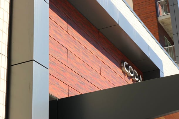 Coda Apartments close up of Fundermax exterior phenolic panels