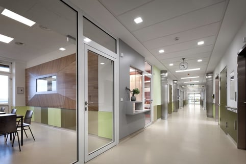 Wilhelminenspital Medical Institute in Vienna, Austria; Fundermax Max Compact Interior in 0085 White and Solid Greens; finish FH