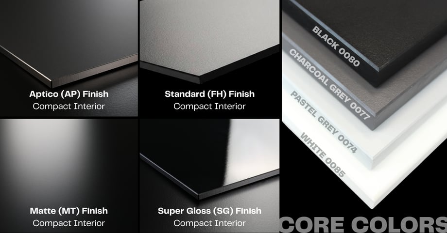 The various finish and core options for Max Compact Interior phenolic HPL panels