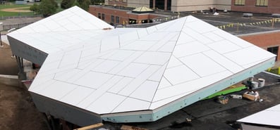 A close up of the roof using Fundermax's phenolic panels.