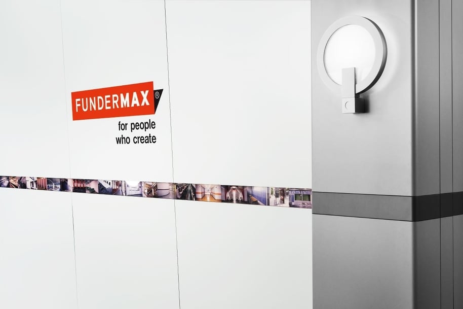 Fundermax's showroom in Austria utilizing digitally printed panels on wall lining