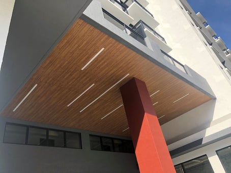 Fundermax panels in a woodgrain as a soffit at a hotel