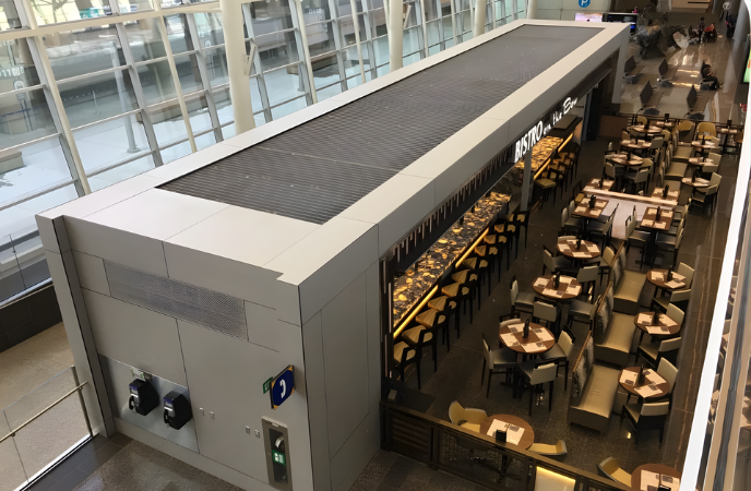 Phenolic cladding on a dining space inside Santiago International Airport (1)