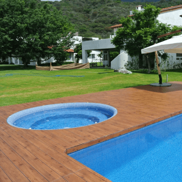 Fundermax Hexa surface flooring used in a residential swimming pool deck in Mexico