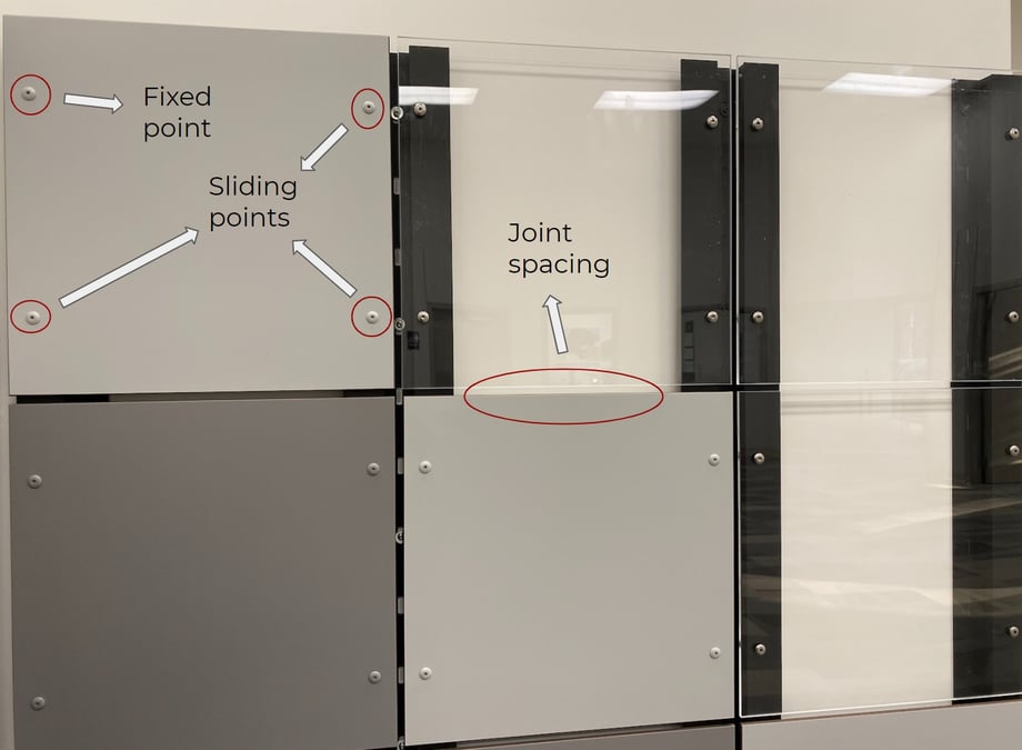 Sliding and Fixed Points Example with Fundermax panels and exposed fasteners.
