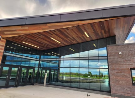 The soffits of the National Guard Readiness Center feature Fundermax phenolic panels