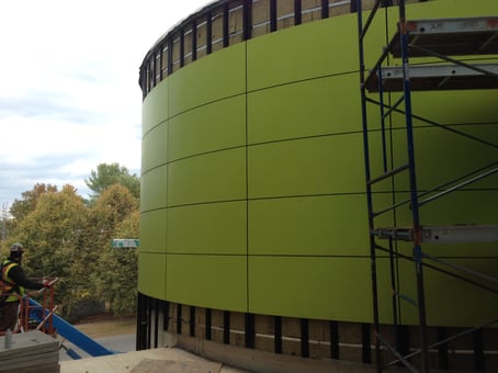 goodwin 4Goodwin College, Technology & Design Building curved design when being installed close up with Fundermax