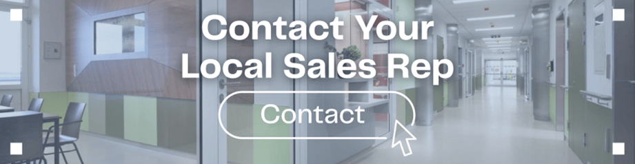 Corridor of the Wilhelminenspital Medical Institute in Vienna, Austria, with text Contact Your Local Sales Rep