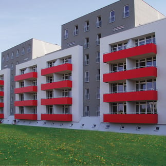 red fundermax balconies